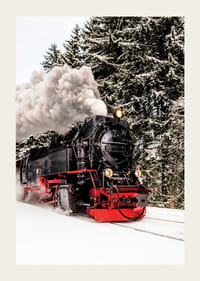 Damplokomotiv trasker gjennom snødekt vinterlandskap, fotografi-3