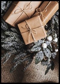 Brown Christmas presents with string on fir tree and jute fabric, close-up-6
