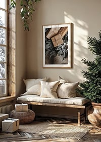 Brown Christmas presents with string on fir tree and jute fabric, close-up-8