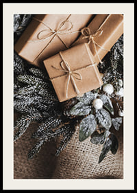 Brown Christmas presents with string on fir tree and jute fabric, close-up-2