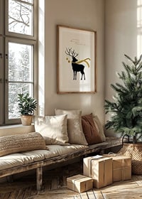 Illustrated deer with yellow scarf and Christmas balls on light background-8