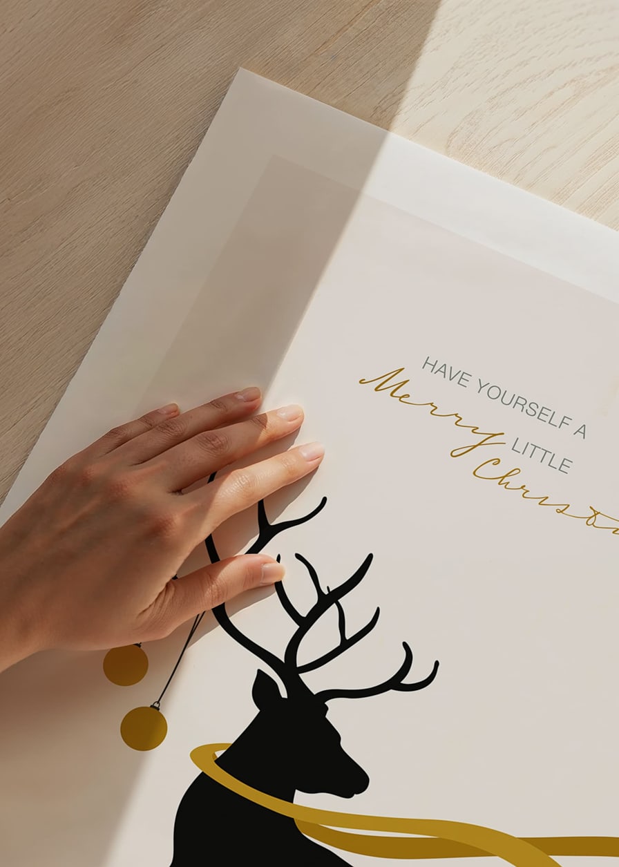Illustrated deer with yellow scarf and Christmas balls on light background-12