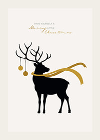 Illustrated deer with yellow scarf and Christmas balls on light background-3