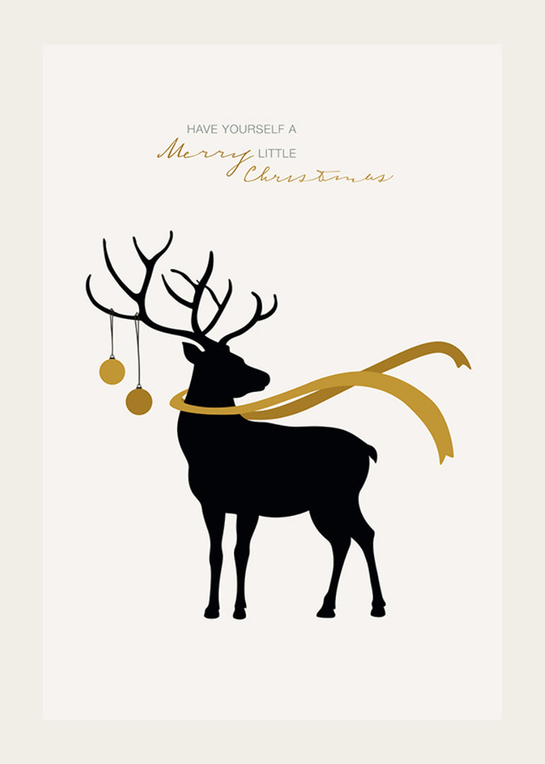 Illustrated deer with yellow scarf and Christmas balls on light background-12