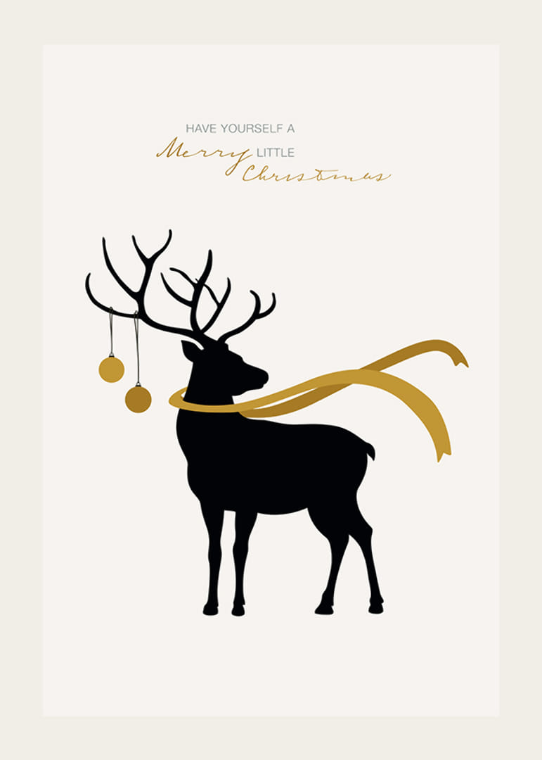 Cerf illustré avec écharpe jaune et boules de Noël sur fond clair-12