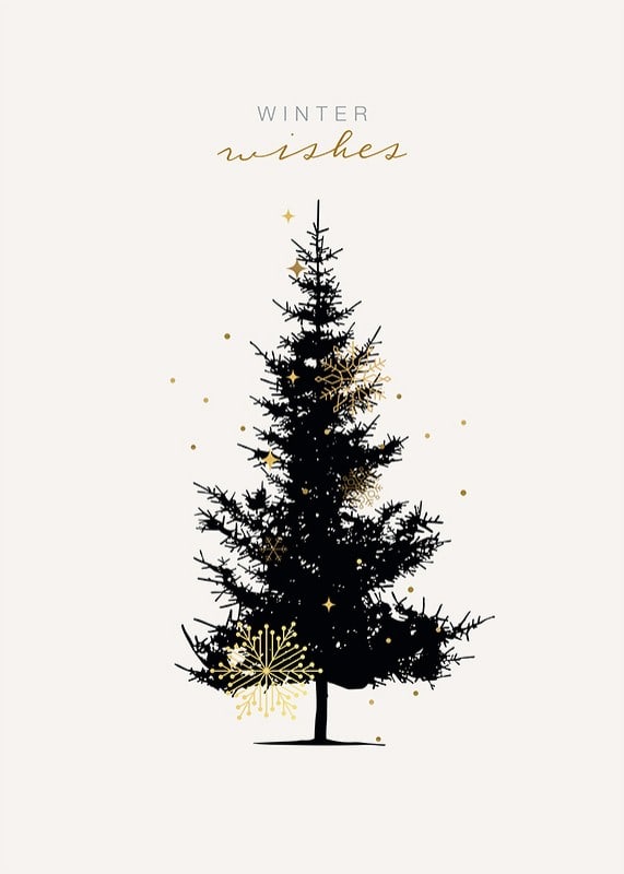Illustrated dark fir tree with gold details on light background-12