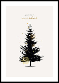 Illustrated dark fir tree with gold details on light background-0