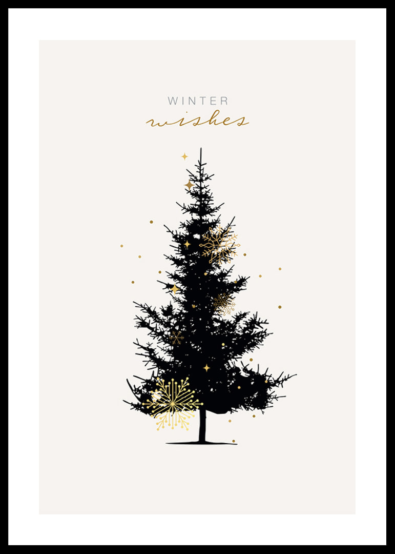 Illustrated dark fir tree with gold details on light background-12