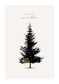 Illustrated dark fir tree with gold details on light background-1
