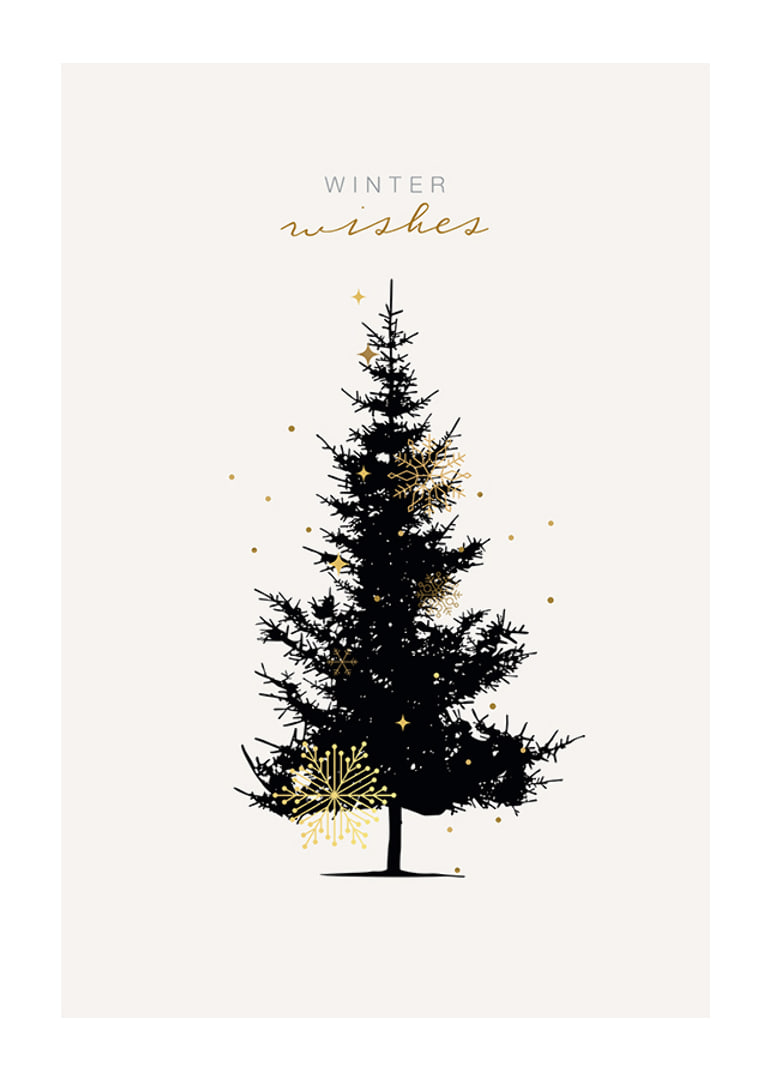 Illustrated dark fir tree with gold details on light background-12