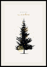Illustrated dark fir tree with gold details on light background-2