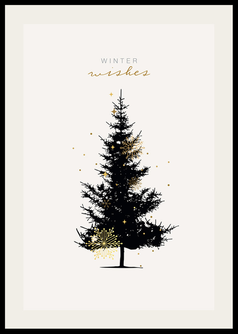 Illustrated dark fir tree with gold details on light background-12