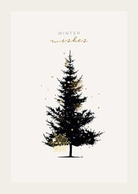 Illustrated dark fir tree with gold details on light background-3