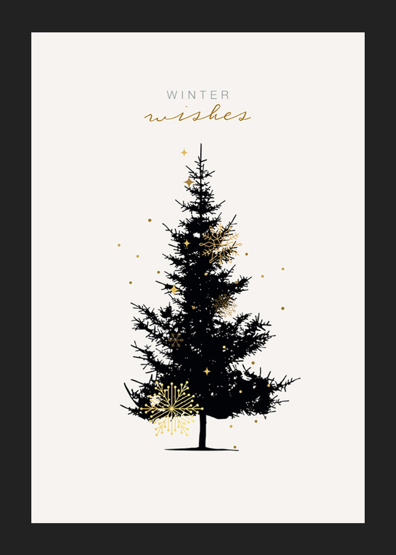 Illustrated dark fir tree with gold details on light background-12