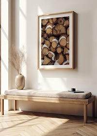 Close-up of stacked firewood with powdery snow, photographic-8
