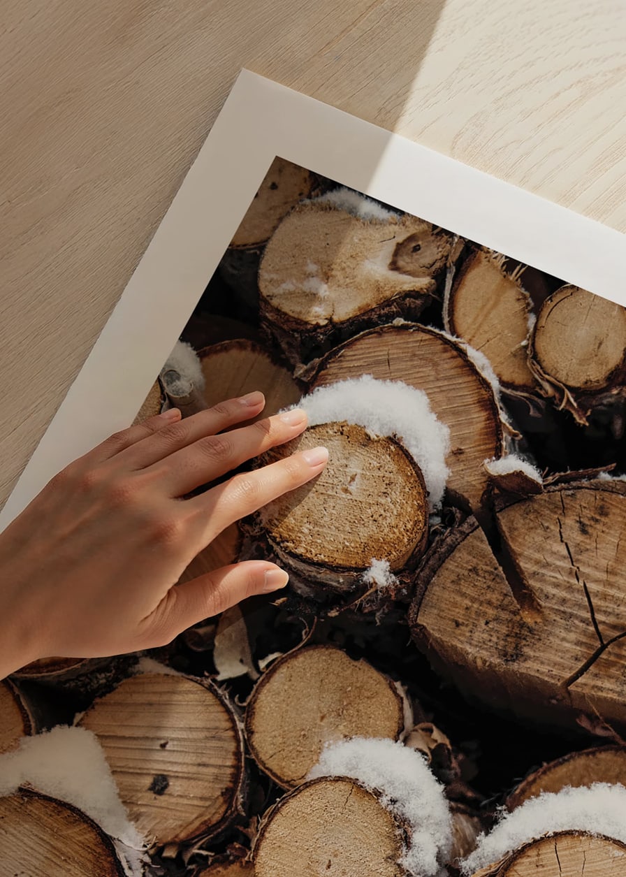 Close-up of stacked firewood with powdery snow, photographic-12