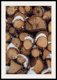 Close-up of stacked firewood with powdery snow, photographic-2