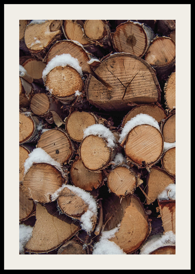 Close-up of stacked firewood with powdery snow, photographic-12