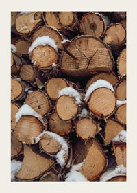 Close-up of stacked firewood with powdery snow, photographic-3