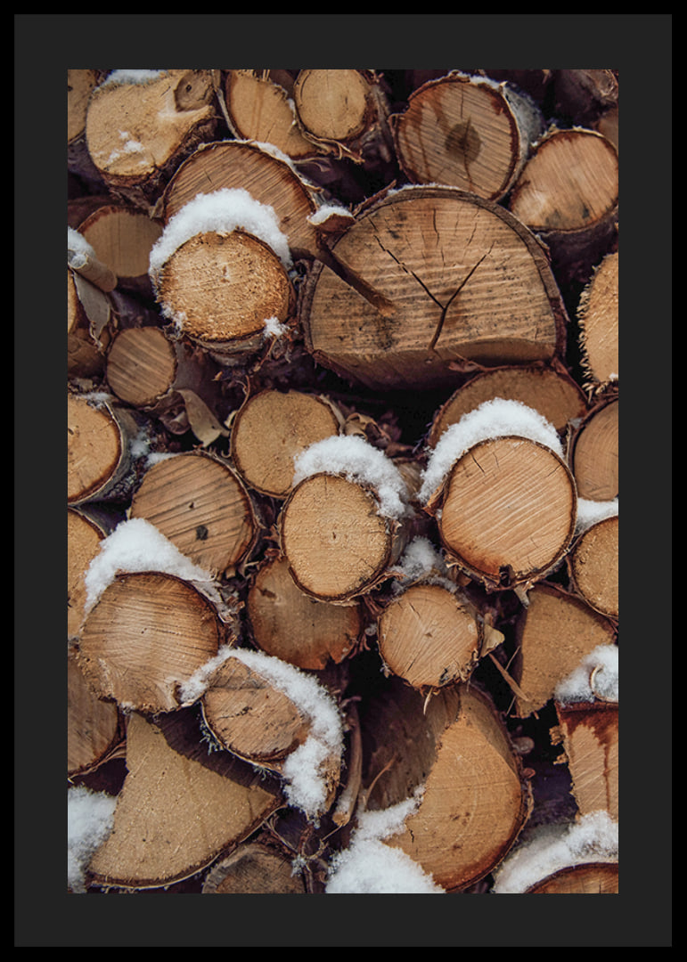 Close-up of stacked firewood with powdery snow, photographic-12