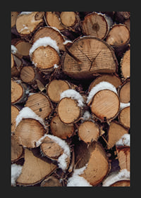 Close-up of stacked firewood with powdery snow, photographic-5