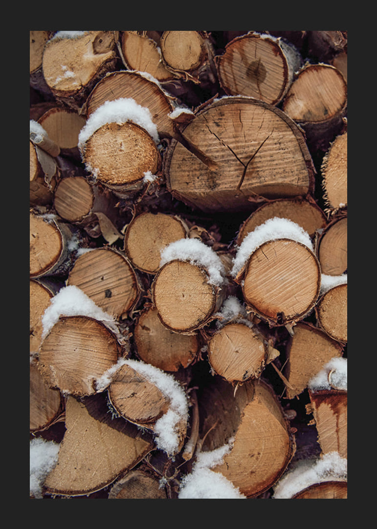 Close-up of stacked firewood with powdery snow, photographic-12