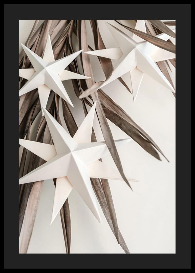 Hvite papirstjerner mot tørkede beige blader, minimalistisk stil-12