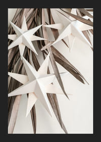 Hvite papirstjerner mot tørkede beige blader, minimalistisk stil-5