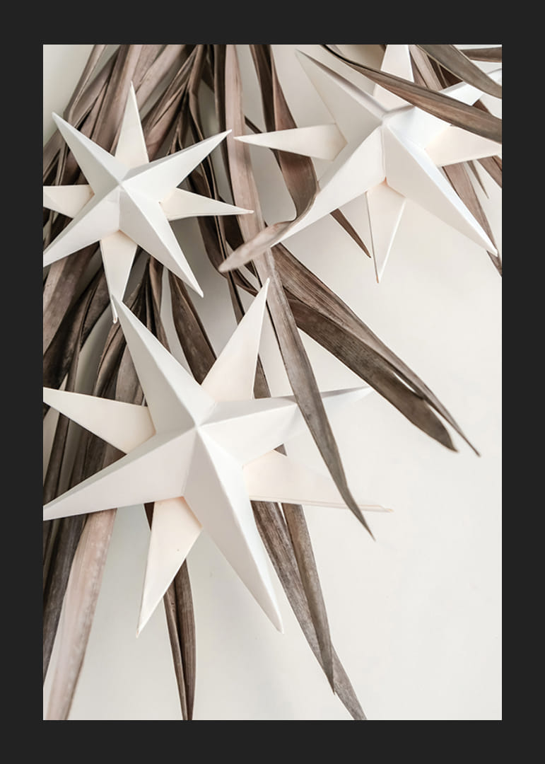 Hvite papirstjerner mot tørkede beige blader, minimalistisk stil-12
