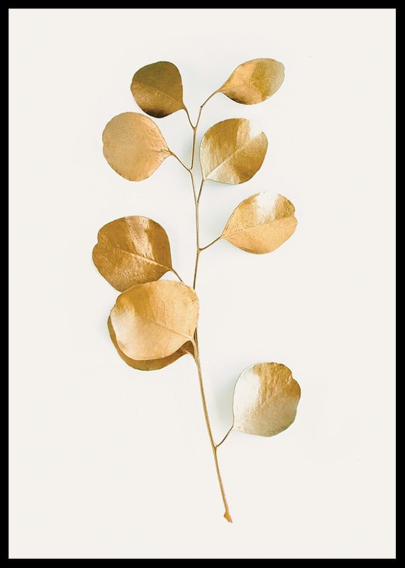 Abstract eucalyptus branch with gold colored leaves on white background-12