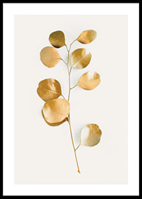 Abstract eucalyptus branch with gold colored leaves on white background-0