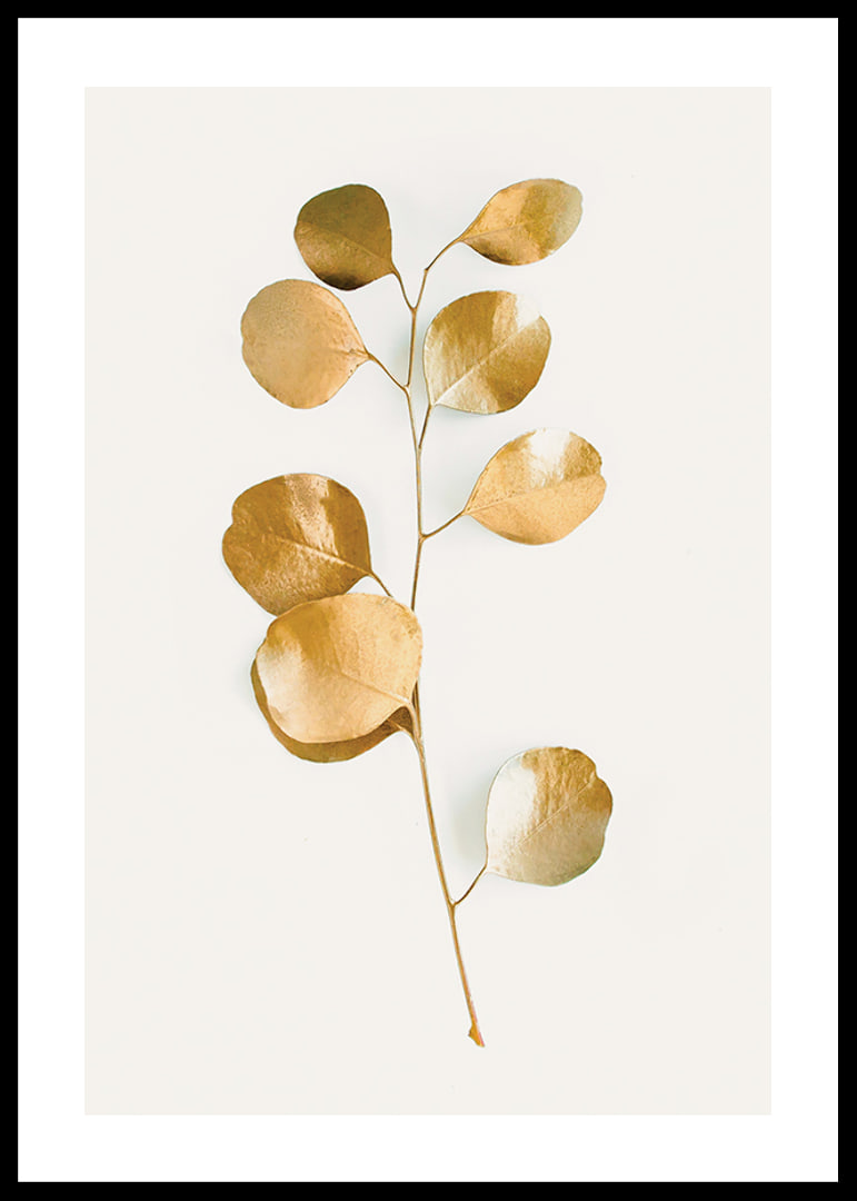 Abstract eucalyptus branch with gold colored leaves on white background-12
