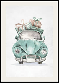 Illustrazione ad acquerello di un'auto turchese con regali di Natale sul tetto-2