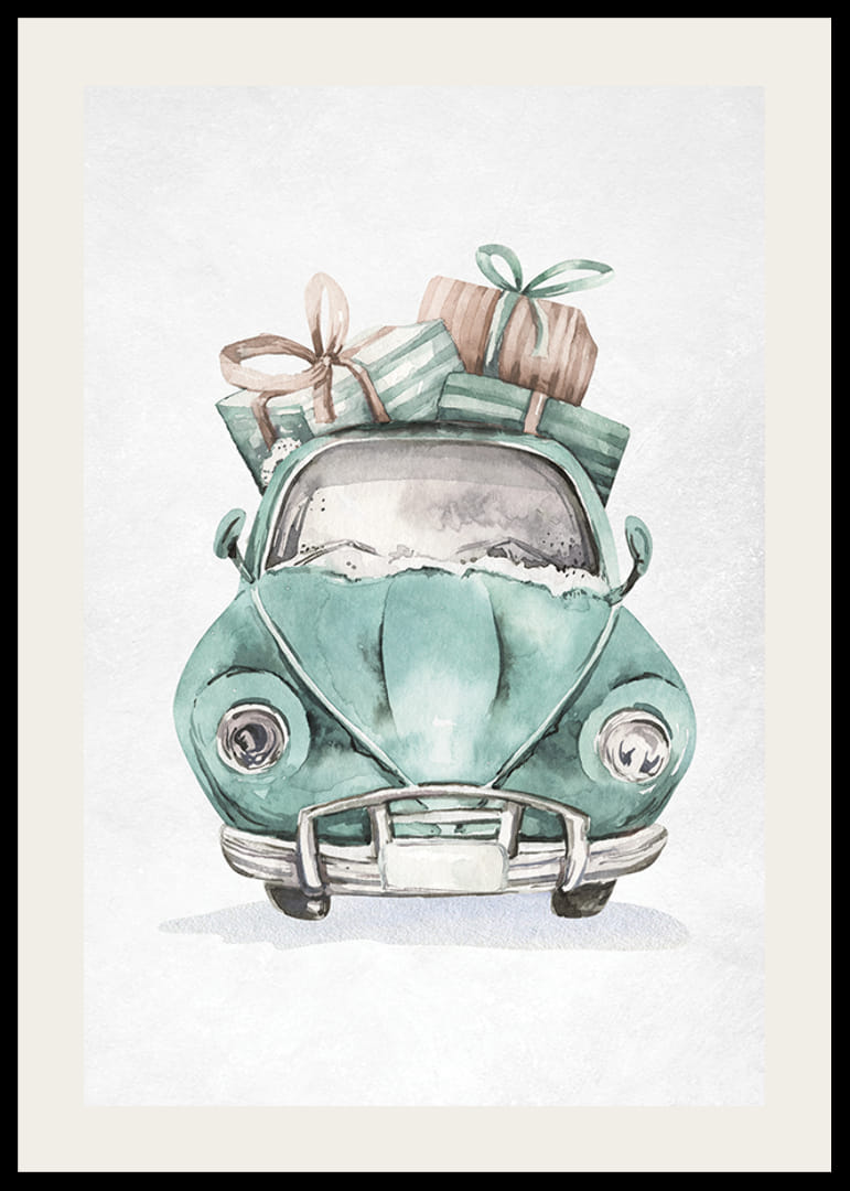 Illustrazione ad acquerello di un'auto turchese con regali di Natale sul tetto-12