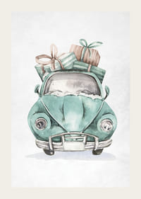 Illustrazione ad acquerello di un'auto turchese con regali di Natale sul tetto-3