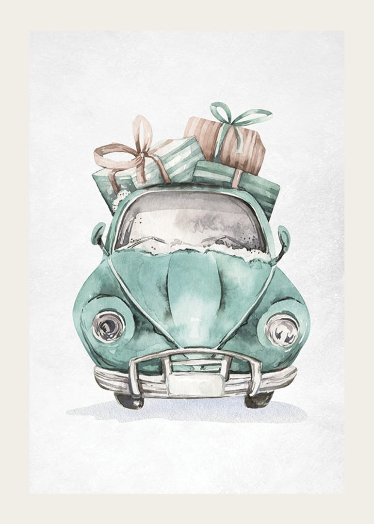 Illustrazione ad acquerello di un'auto turchese con regali di Natale sul tetto-12