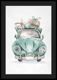 Illustrazione ad acquerello di un'auto turchese con regali di Natale sul tetto-4