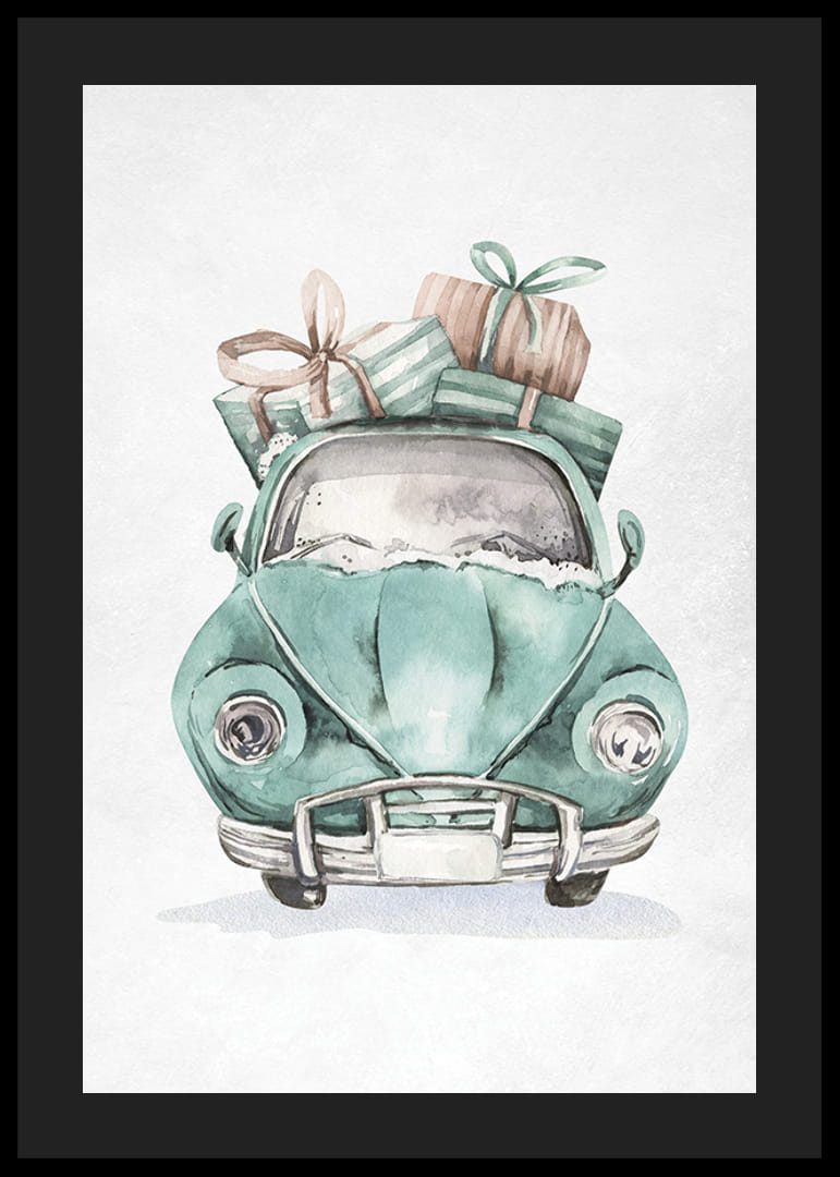 Illustrazione ad acquerello di un'auto turchese con regali di Natale sul tetto-12