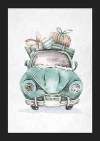 Illustrazione ad acquerello di un'auto turchese con regali di Natale sul tetto-5