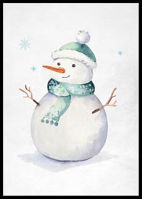 Watercolor illustration of snowman with green hat and scarf-2