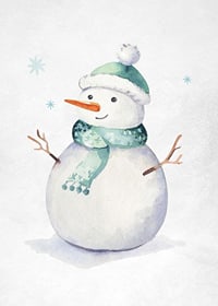Watercolor illustration of snowman with green hat and scarf-3