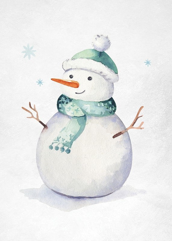 Watercolor illustration of snowman with green hat and scarf-12