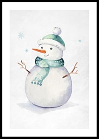 Watercolor illustration of snowman with green hat and scarf-0