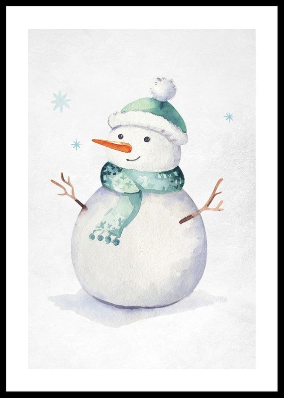 Watercolor illustration of snowman with green hat and scarf-12