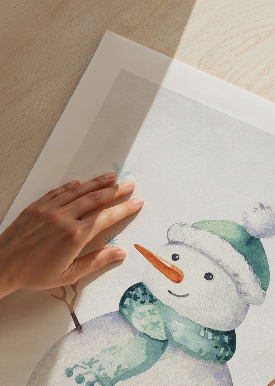 Watercolor illustration of snowman with green hat and scarf-12