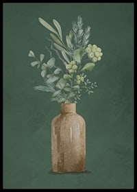 Watercolor of brown vase with evergreen twigs on green background-6