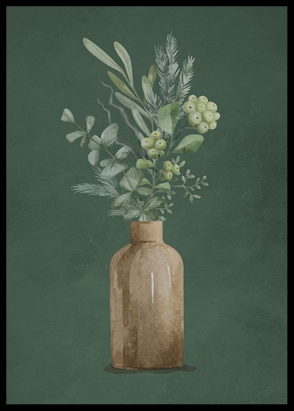 Watercolor of brown vase with evergreen twigs on green background-12