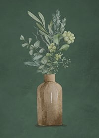 Watercolor of brown vase with evergreen twigs on green background-7