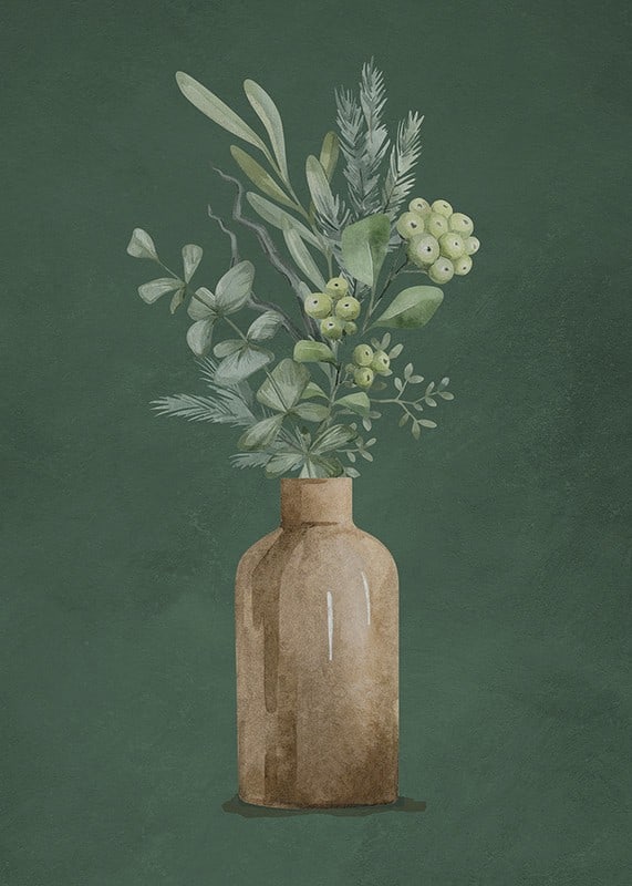 Watercolor of brown vase with evergreen twigs on green background-12