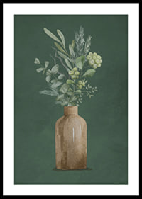 Watercolor of brown vase with evergreen twigs on green background-0